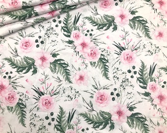 Joli tissu en coton blanc avec des roses dans le jardin au mètre, 100 % coton