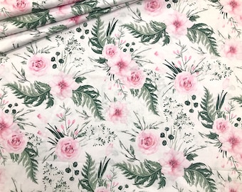 Roses in the Garden White Cute Cotton Fabric by the Meter, 100% Cotton