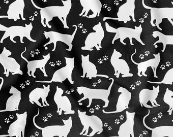 Cotton Fabric - Big White Cats on Black