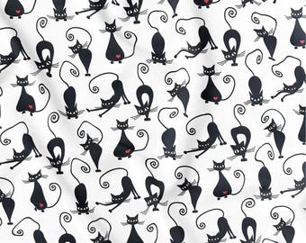 Cotton Fabric - Cats and Hearts on White