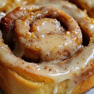 Può includere: Primo piano di un cornetto alla cannella con spezie di zucca e glassa bianca cremosa. Il cornetto è di colore marrone dorato e ha un vortice di ripieno alla cannella.