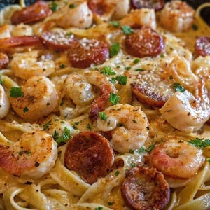 Cajun Shrimp Sausage Alfredo Pasta Recipe: Creamy Fettuccine (Digital Download)