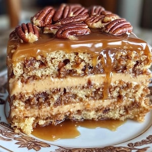 Puede incluir: Una rebanada de pastel de nuez pecana con capas de pastel, caramelo y relleno de nuez pecana, cubierto con caramelo y nueces pecanas.