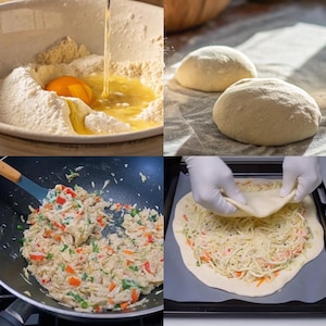 May include: A collage of food preparation scenes. Top left: ingredients being mixed in a bowl. Top right: two dough balls. Bottom left: stir-fry in a wok. Bottom right: pizza being assembled with cheese and toppings.