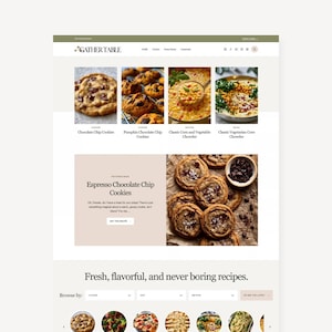 May include: A website interface for Gather Table featuring a navigation bar, a featured section for Espresso Chocolate Chip Cookies, and a grid of recipe thumbnails including Chocolate Chip Cookies, Pumpkin Chocolate-Chip Cookies, and Corn Chowder.