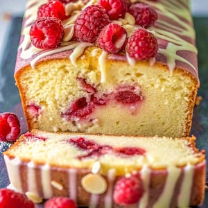 Könnte beinhalten: Ein Laib weißer Kuchen mit weißer Schokoladen-Glasur und Himbeeren darauf. Der Kuchen ist in der Mitte durchgeschnitten und zeigt einen rosafarbenen Himbeer-Swirl im Inneren.