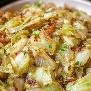 May include: Close-up of a dish of sauteed cabbage with a golden brown color and a few green herbs sprinkled on top.