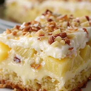 Peut inclure: Une part de gâteau à l'ananas avec un glaçage blanc crémeux et une garniture de noix hachées. Le gâteau présente des couches de génoise jaune, de morceaux d'ananas et une garniture crémeuse. Les noix sont un mélange d'amandes et de noix de pécan.