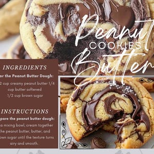 May include: Close-up of peanut butter cookies with chocolate swirls. The image includes the text "Peanut Cookies Butter" and a recipe for peanut butter cookies. Ingredients include 1/2 cup creamy peanut butter, 1/4 cup butter softened, and 1/2 cup brown sugar.