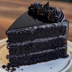 May include: A three-layer chocolate cake with black frosting and a glossy black glaze. The cake is cut into a slice and is on a white plate.