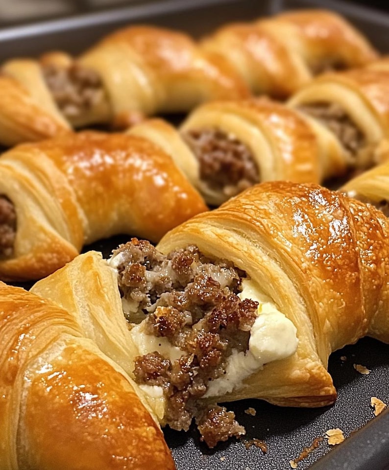 May include: Close-up view of several golden-brown baked croissant pastries filled with a savory mixture of browned sausage and creamy white cheese. The croissants are arranged on a dark gray baking sheet, showcasing their flaky, buttery layers and the appetizing filling. The image highlights the texture and color contrast between the pastry and the filling, suggesting a delicious and savory baked good.