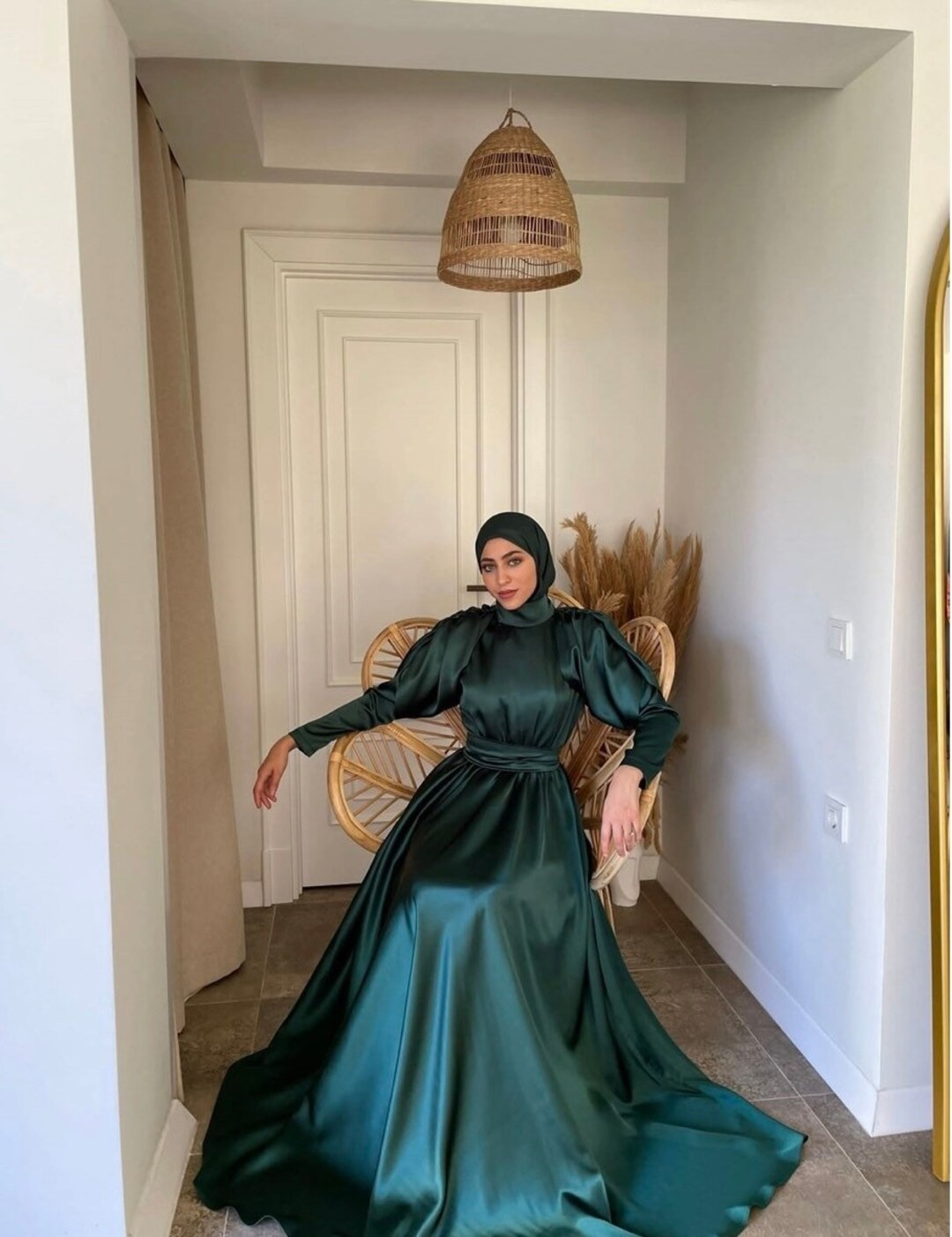 Green Satin Muslim Eveningdress, Muslim Fashion, Muslim Evening Dress