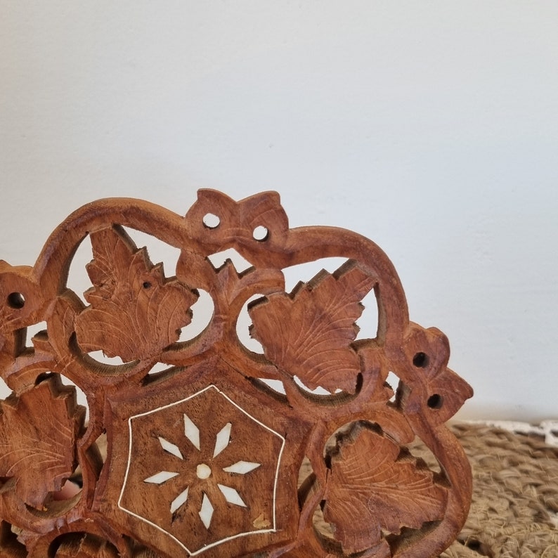 Vintage Hand Carved Wooden Trivet Teak Wood Hot Plate Stand Made in