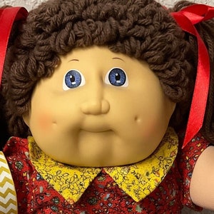 RARE Vintage Cabbage Patch Kid Girl Violet Eyes Brown Poodle Hair UT- Made In Taiwan Head Mold #2 1985 Collectors Doll Gifts For Girls Mom