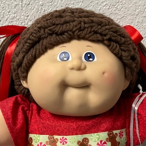 RARE Vintage Cabbage Patch Kid Girl IC1-Made In Taiwan Brown Poodle Hair Violet Eyes Head Mold #8 1985 Gifts For Girls Daughter Sister Mom