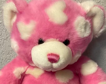 Build A Bear Workshop BAB Pink Hearts Teddy Bear with White Hearts Collectors Bear Gifts For Girls Daughter Sister Mom Friend Her