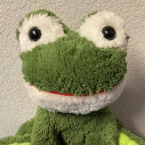 May include: A plush green frog toy with large white-rimmed eyes and a red mouth. The frog has a soft, textured body and is sitting on a blue surface. The toy is designed to resemble a frog.