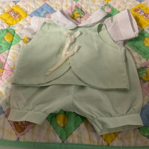 Vintage Cabbage Patch Kid Preemie Outfit Green & White Romper and Vest CPK Boy Doll Clothes Accessories Gifts For Mom Girls Daughter Her