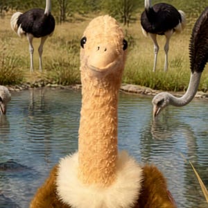 Peut inclure: Une peluche autruche avec une tête et un cou beige clair, un col en fourrure blanche et un corps en peluche marron foncé. Le jouet a des yeux noirs et repose sur deux pattes beige clair. Il est placé devant un étang avec des autruches vivantes.