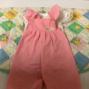 Puede incluir: Vestido de peto de cuadros vichy rosa y blanco con una blusa blanca con volantes. El vestido de peto tiene una etiqueta verde que dice "Gingham Girl".