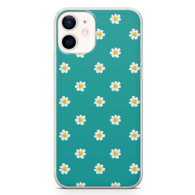 May include: A clear phone case with a teal background and a repeating pattern of white daisies with yellow centers. The case has a camera cutout and button covers.