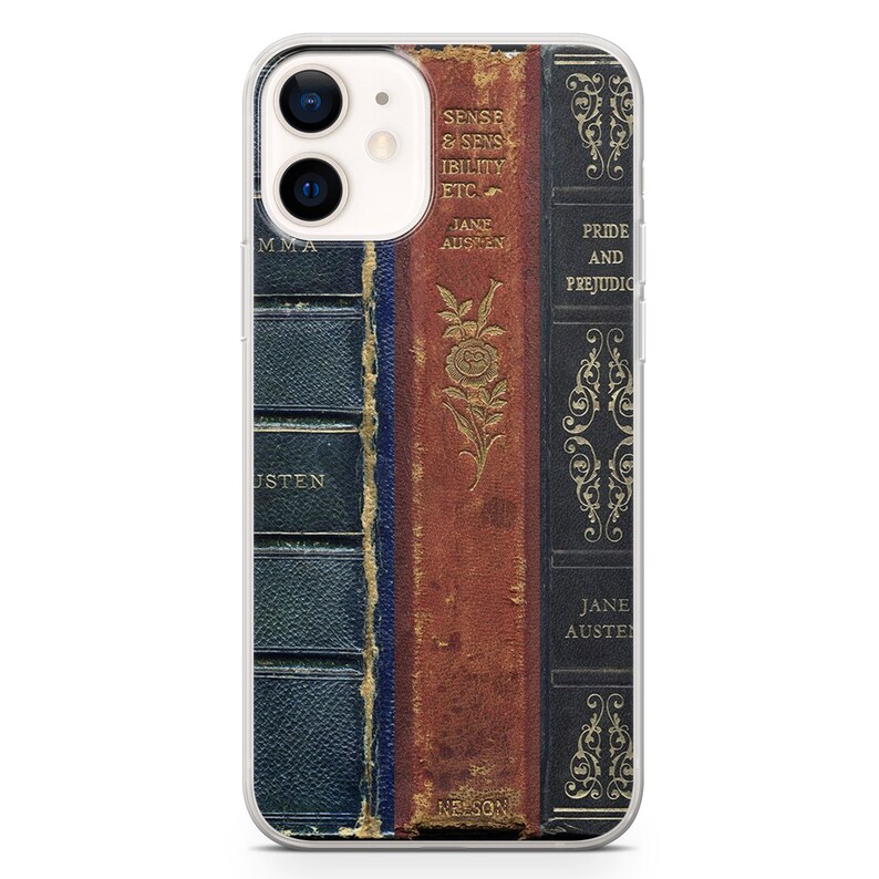 May include: A phone case with a design of three vintage book spines. The spines are red, blue, and black with gold lettering. The text on the spines reads "Sense & Sensibility ETC Jane Austen" and "Pride and Prejudice Jane Austen".
