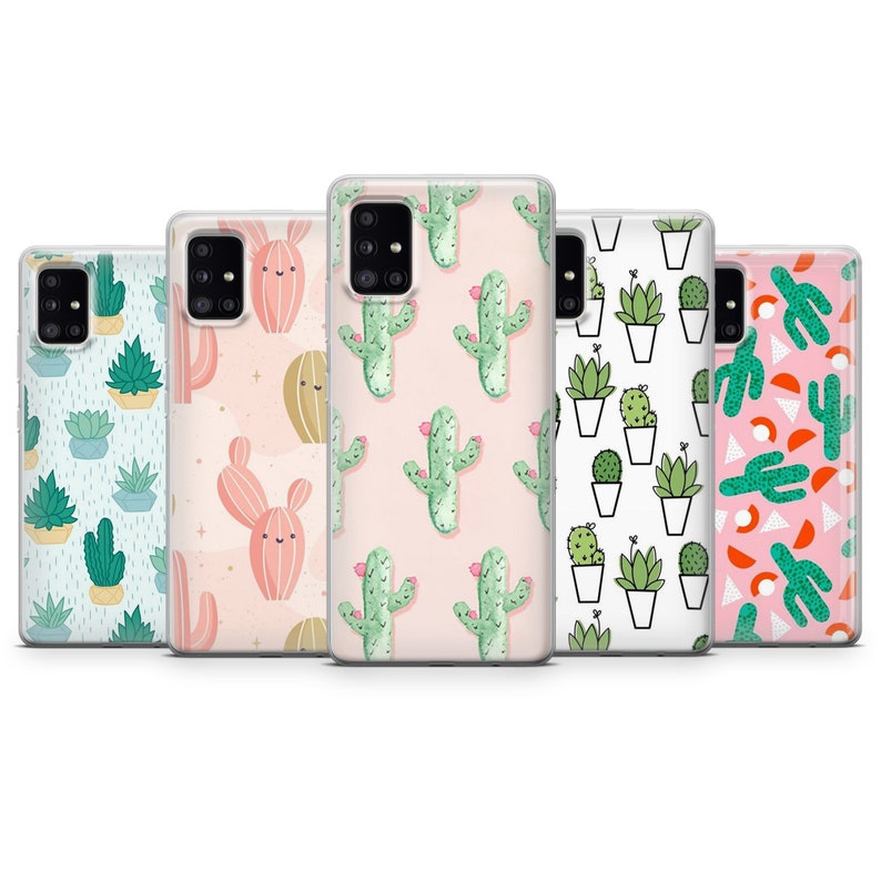 May include: A collection of five phone cases with various cactus and succulent designs. The cases feature patterns of green cacti with pink flowers, potted succulents, and other desert plant illustrations on a white or pastel background.