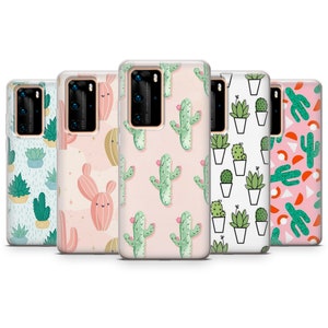May include: A collection of five phone cases with various cactus and succulent designs. The cases feature a range of colors, including green, pink, and white, with different patterns of cacti and potted succulents. The cases are designed to fit a smartphone.