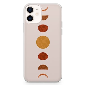 May include: A clear phone case with a design of a moon in various phases in shades of orange and brown on a light beige background.