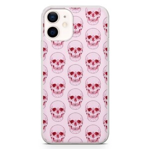 May include: A clear phone case with a pink background and a repeating pattern of red skulls.