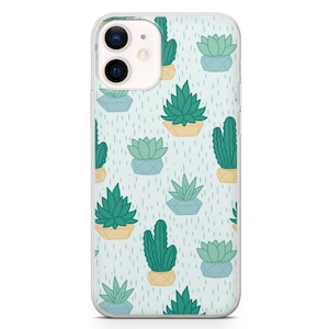 May include: Clear phone case featuring a repeating pattern of green succulents and cacti in geometric pots against a light blue background with vertical dashed lines. The case is designed for an iPhone.