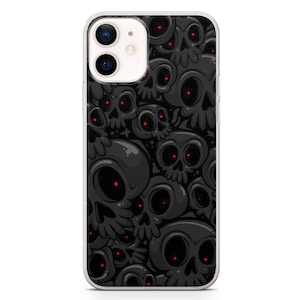May include: A clear phone case with a black and red skull pattern. The skulls have red eyes and are arranged in a random pattern.