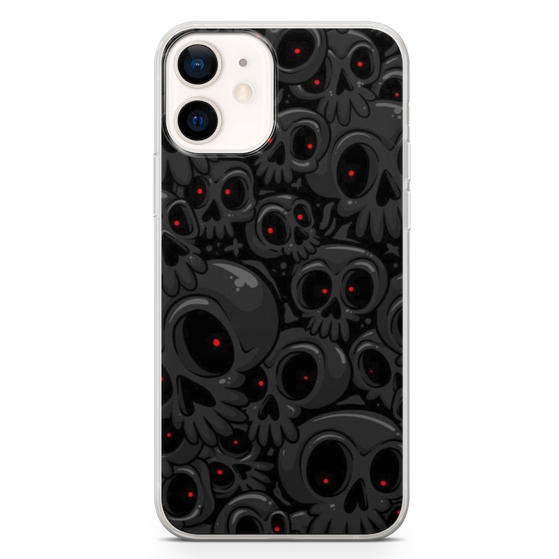 May include: A clear phone case with a black and red skull pattern. The skulls have red eyes and are arranged in a random pattern.