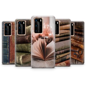 May include: Four different phone cases with various designs featuring vintage books. One case shows a stack of books, another shows a single open book, and the other two cases show a stack of books with a key.