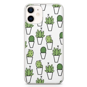 May include: Clear phone case featuring a repeating pattern of green succulents in white pots. The design includes various types of cacti and succulents with black outlines, creating a simple, modern aesthetic. The case is designed for an iPhone.