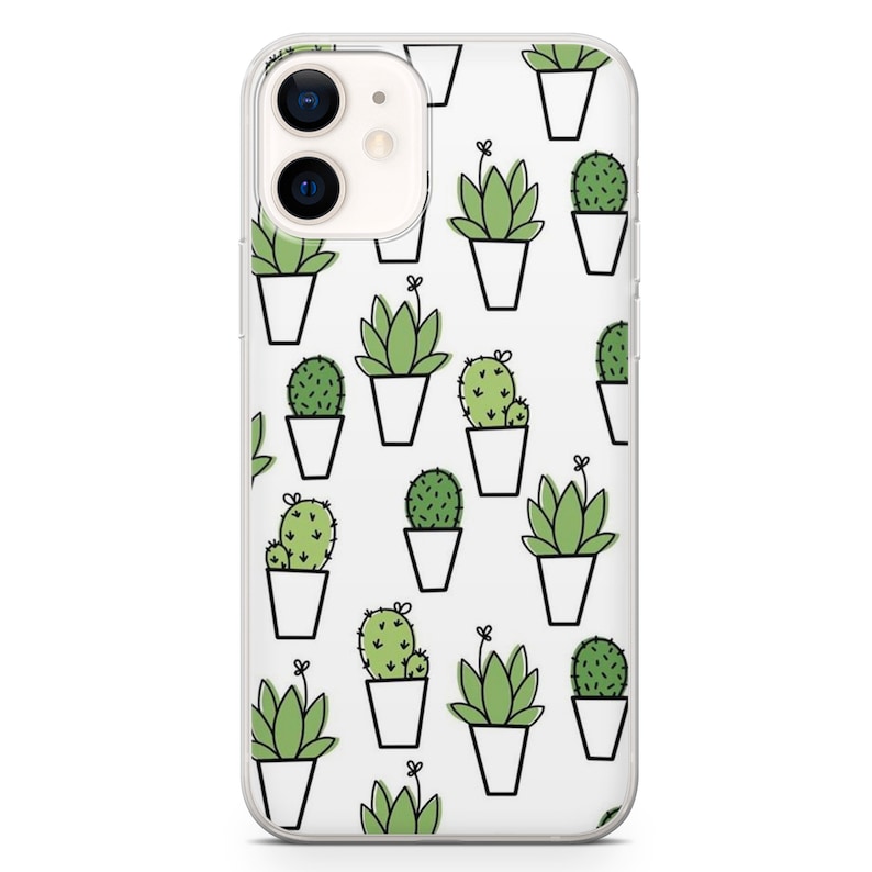 May include: Clear phone case featuring a repeating pattern of green succulents in white pots. The design includes various types of cacti and succulents with black outlines, creating a simple, modern aesthetic. The case is designed for an iPhone.