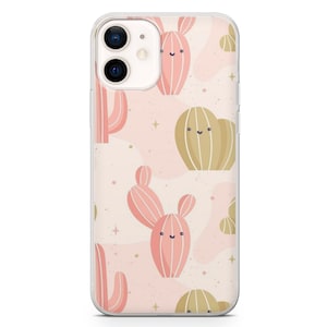May include: Clear phone case featuring a repeating pattern of cartoon cacti in shades of pink and tan on a light pink background. The cacti have smiling faces and are interspersed with small star shapes.