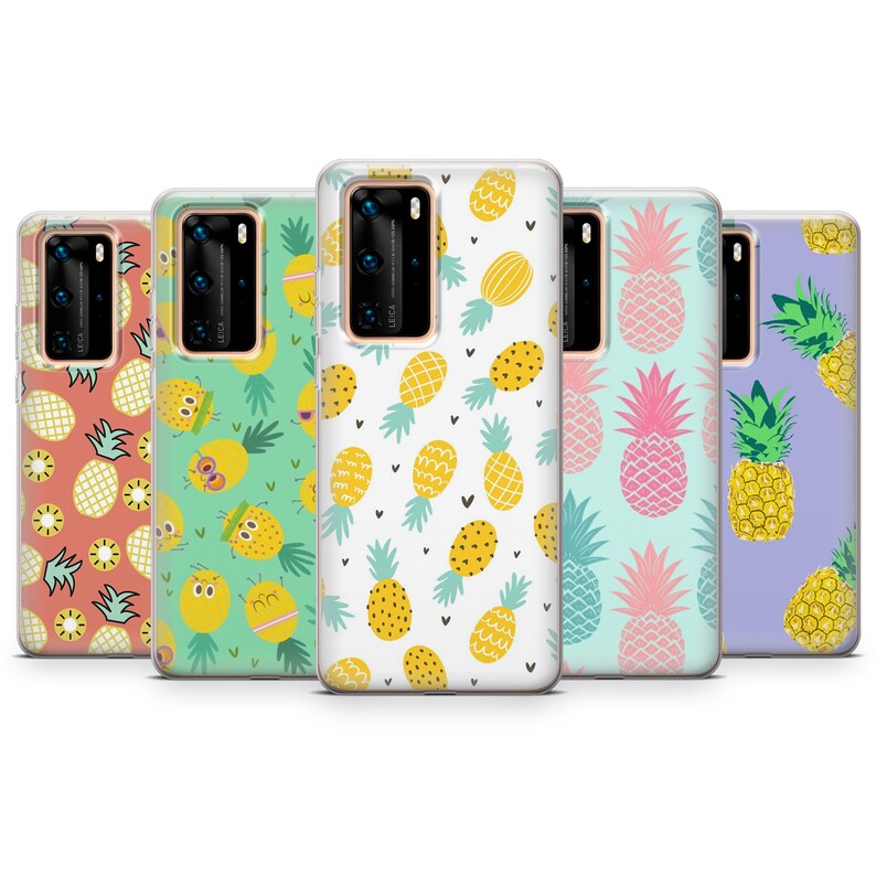 May include: A collection of five phone cases with colorful pineapple patterns. The cases feature designs in shades of pink, green, yellow, and purple. Each case has a different pineapple design, including cartoon-style illustrations.