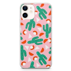 May include: A clear phone case featuring a pink background with a repeating pattern of green cacti, orange half-circles, white triangles, and white circles. The phone case has a dual-camera system.