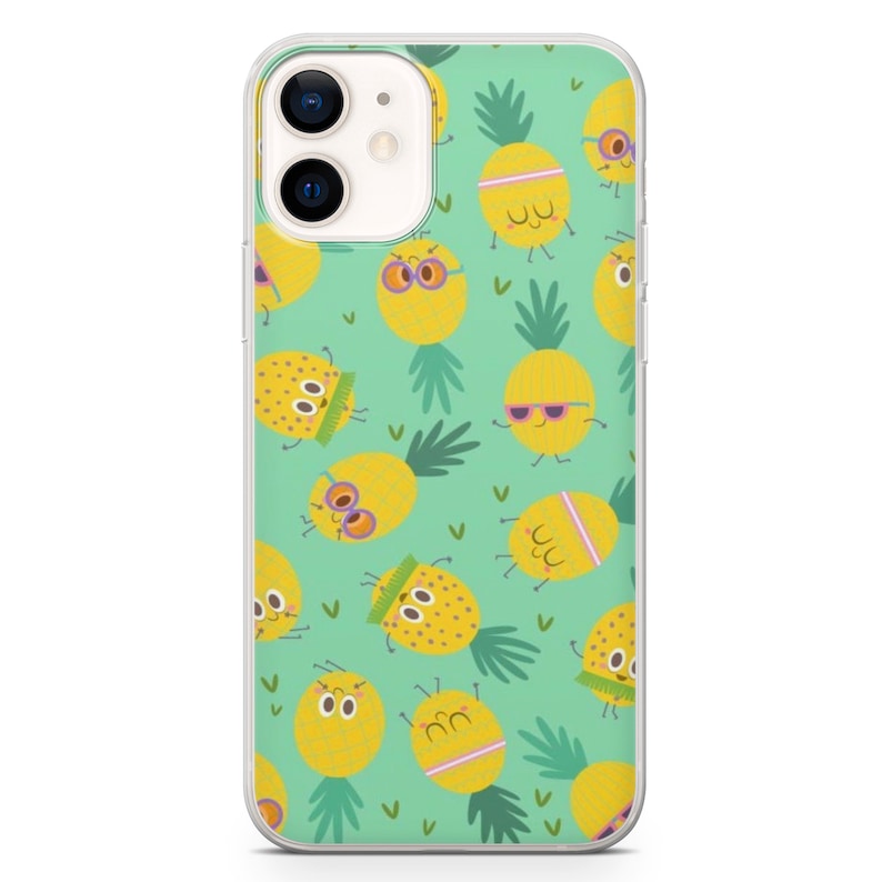 May include: A clear phone case featuring a repeating pattern of yellow cartoon pineapples with sunglasses, headbands, and various expressions on a light green background. The case is designed for an iPhone.