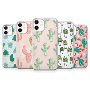 May include: A collection of five phone cases with various cactus and succulent designs. The cases feature clear edges and colorful patterns, including cacti on pink, succulents in pots, and abstract cactus shapes.