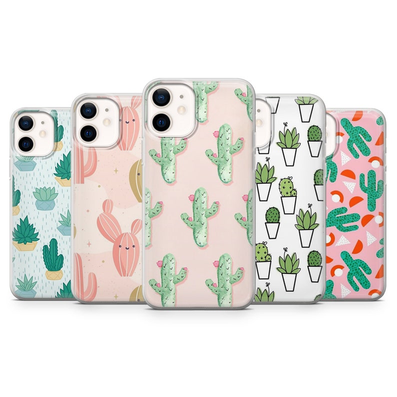May include: A collection of five phone cases with various cactus and succulent designs. The cases feature clear edges and colorful patterns, including cacti on pink, succulents in pots, and abstract cactus shapes.