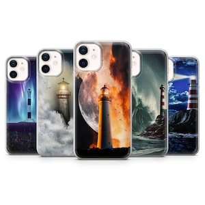 May include: Five different phone cases with lighthouse designs. Each case features a different lighthouse scene, including a lighthouse with a moon and fire, a lighthouse with a stormy sea, a lighthouse with a starry sky, and a lighthouse with a bright beam of light.