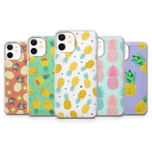 May include: Five phone cases with pineapple patterns in various colours. The cases display designs in coral, green, white, light blue, and purple. Each case has a different pineapple pattern, some with cartoon-like illustrations.