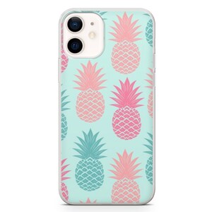 May include: A clear phone case featuring a repeating pattern of pink and teal pineapples on a light blue background. The phone case is designed to fit a smartphone and has a camera cutout.