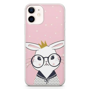 Puede incluir: Una funda de tel&eacute;fono rosa con un conejo blanco que lleva gafas y una corona dorada. El fondo es rosa con estrellas blancas.