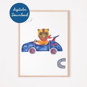 Children&#39;s room poster bear in racing car - digital download