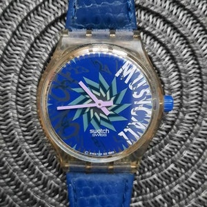 1992 Swiss Swatch Watch Musical Tone In Blue SLK100 clear transparent