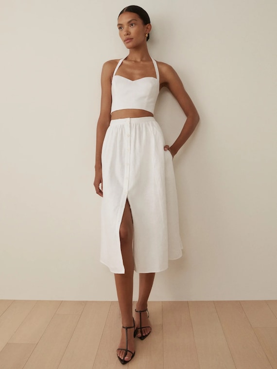 Orzo Two Piece Linen Set Sweetheart Neck Crop Top Midi Etsy