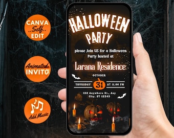 May include: A smartphone displays a Halloween party invitation. The invitation features the text "Halloween Party" in a glowing orange font, along with details like the date, time, and location. The background includes pumpkins, candles, and bats.